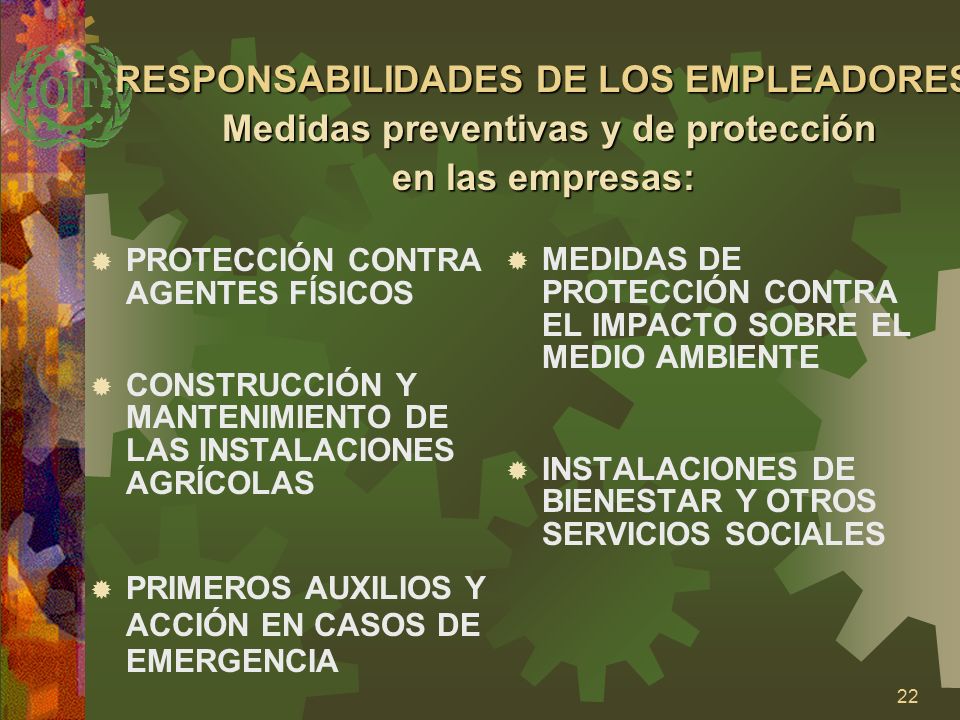 RESPONSABILIDADES DE LOS EMPLEADORES Medidas preventivas y de protección en las empresas: