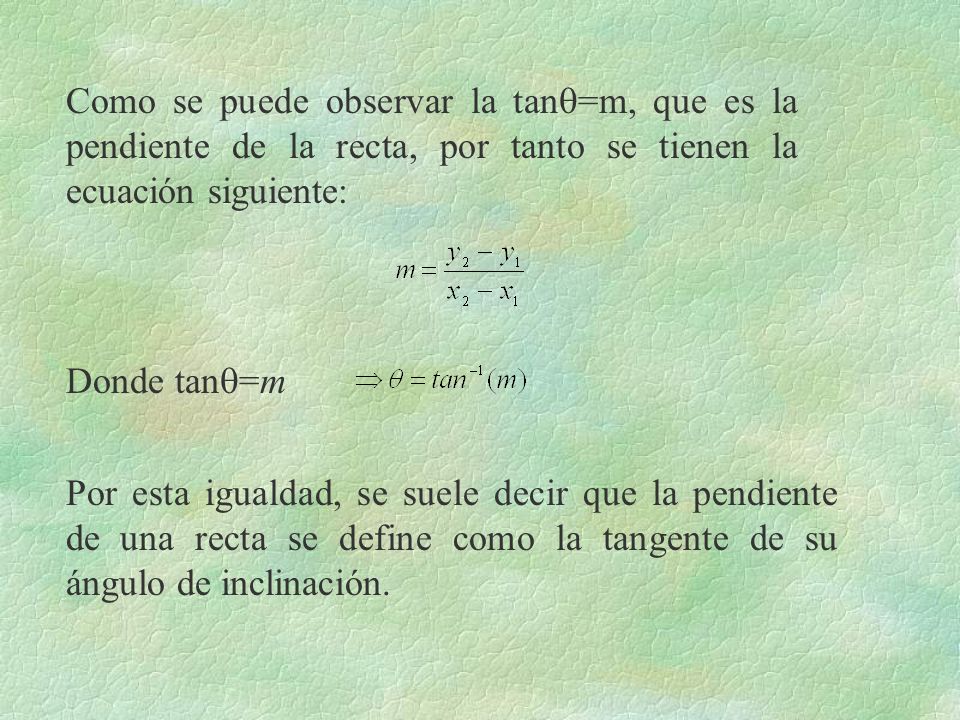 Como se puede observar la tan=m, que es la pendiente de la recta, por tanto se tienen la ecuación siguiente: