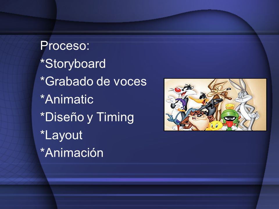 Proceso: *Storyboard *Grabado de voces *Animatic *Diseño y Timing *Layout *Animación