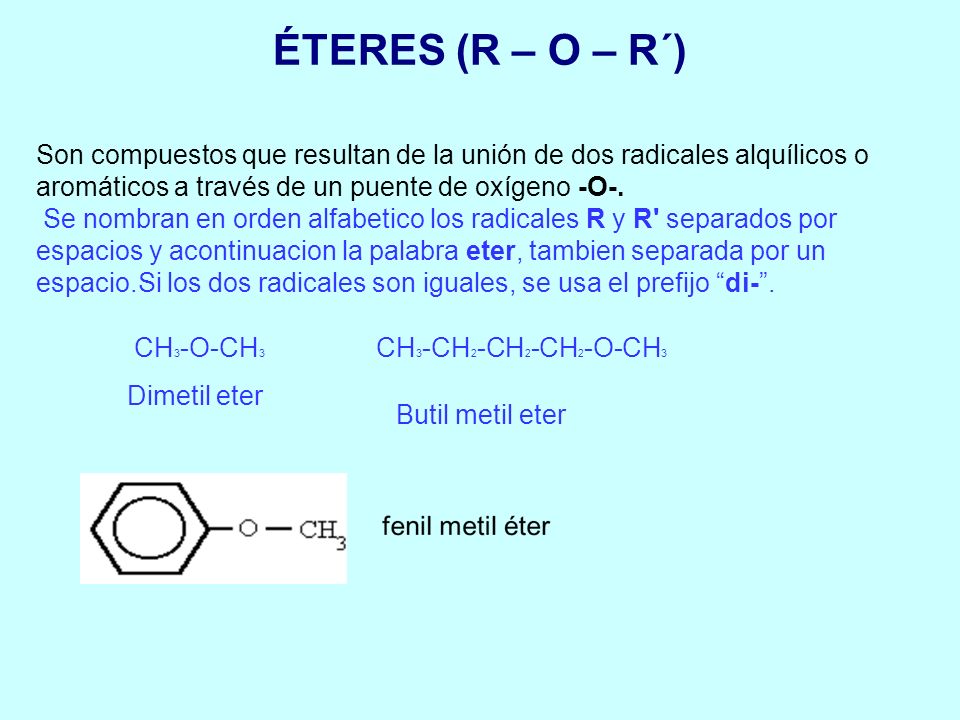 ÉTERES (R – O – R´) Son compuestos que resultan de la unión de dos radicales alquílicos o aromáticos a través de un puente de oxígeno -O-.