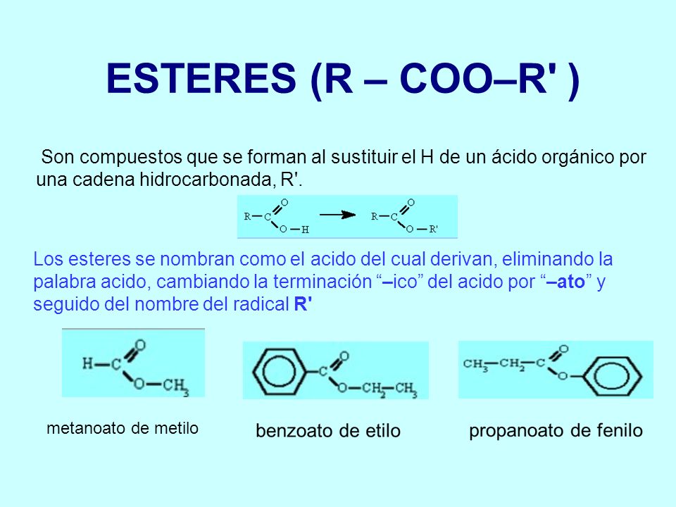ESTERES (R – COO–R ) Son compuestos que se forman al sustituir el H de un ácido orgánico por una cadena hidrocarbonada, R .