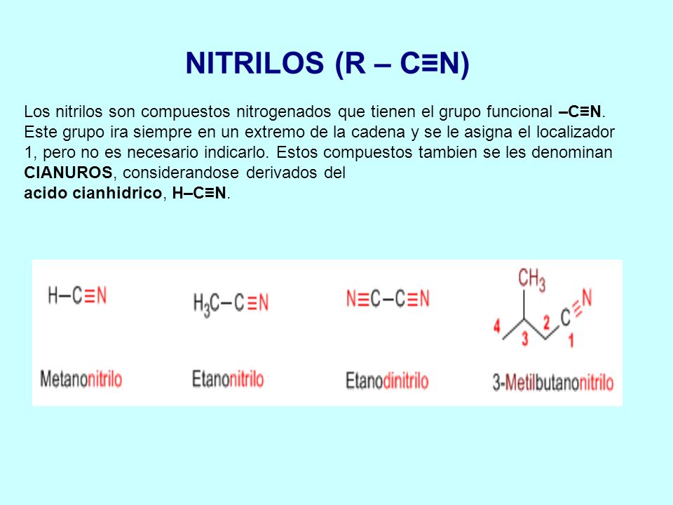 Los nitrilos son compuestos nitrogenados que tienen el grupo funcional –C≡N.