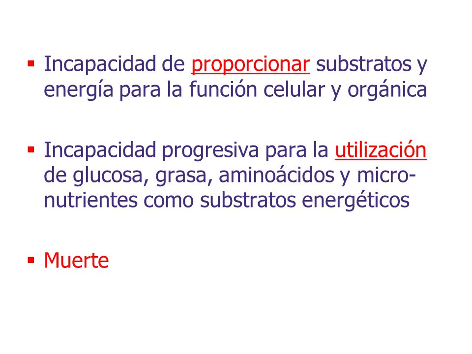 Incapacidad de proporcionar substratos y energía para la función celular y orgánica