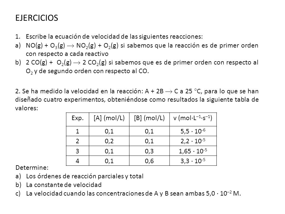 EJERCICIOS Escribe la ecuación de velocidad de las siguientes reacciones: