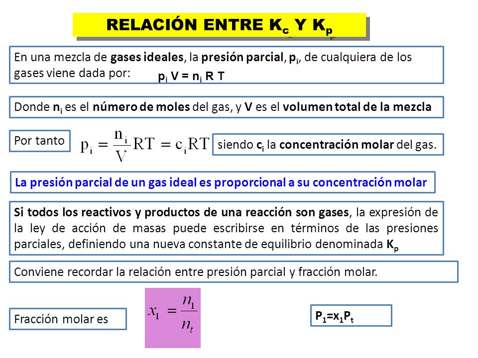 RELACIÓN ENTRE Kc Y Kp En una mezcla de gases ideales, la presión parcial, pi, de cualquiera de los.