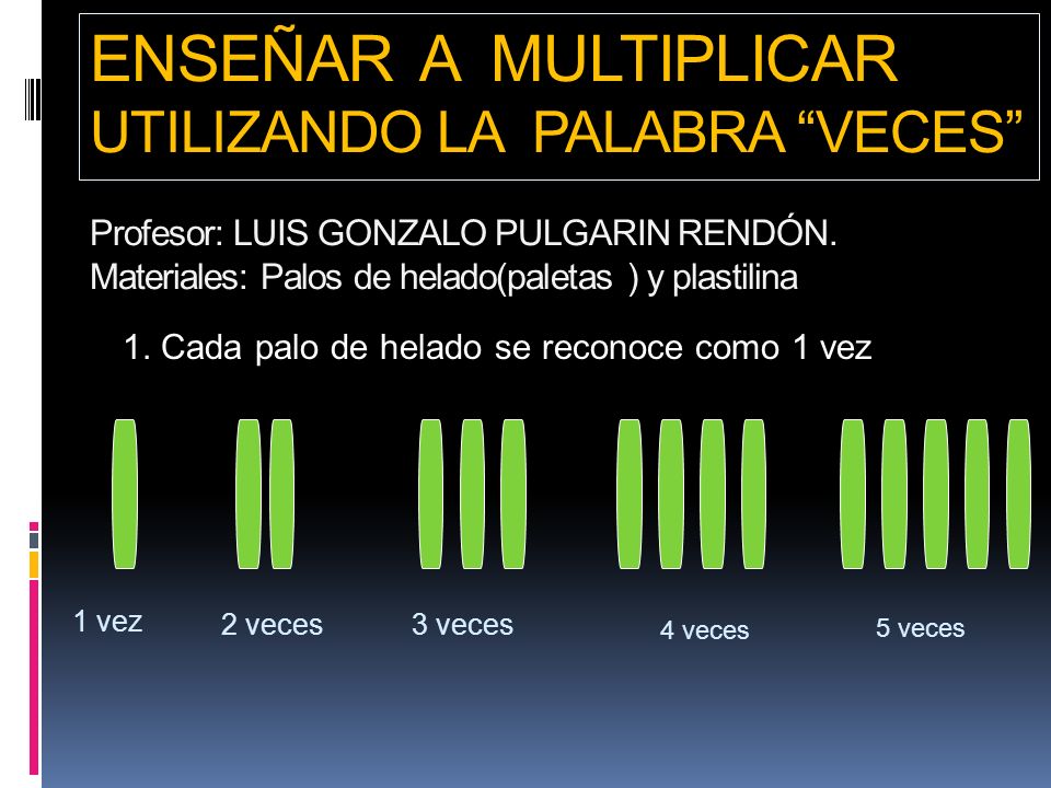 ENSEÑAR A MULTIPLICAR UTILIZANDO LA PALABRA VECES Profesor: LUIS GONZALO PULGARIN RENDÓN. Materiales: Palos de helado(paletas ) y plastilina