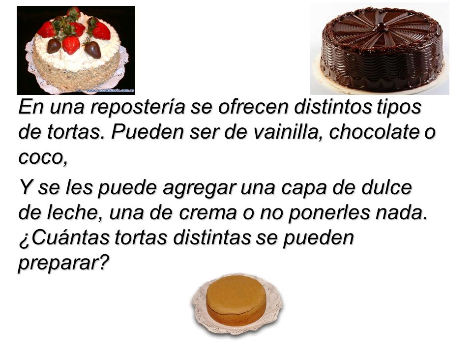 En una repostería se ofrecen distintos tipos de tortas