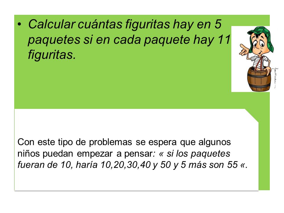 Calcular cuántas figuritas hay en 5 paquetes si en cada paquete hay 11 figuritas.