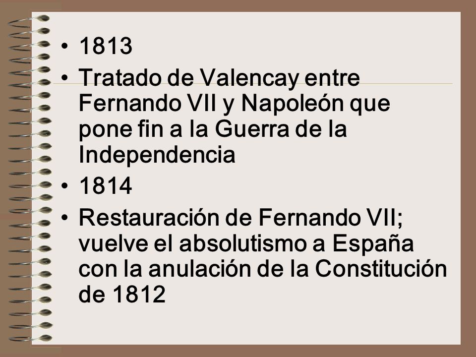 1813 Tratado de Valencay entre Fernando VII y Napoleón que pone fin a la Guerra de la Independencia.