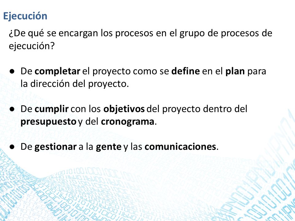 Ejecución ¿De qué se encargan los procesos en el grupo de procesos de ejecución