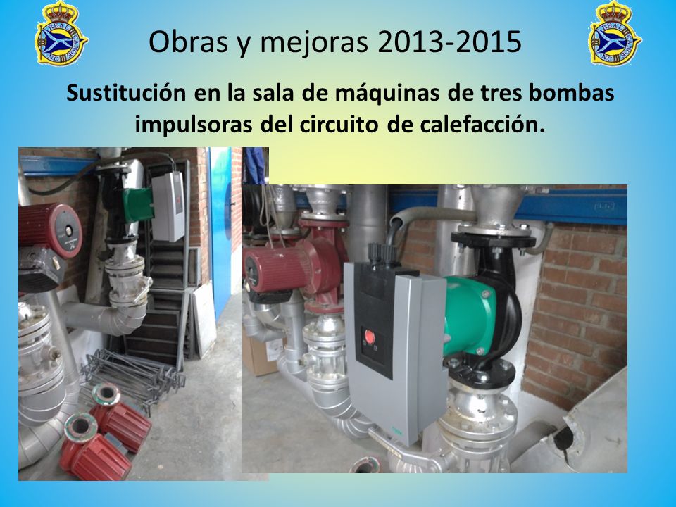 Sustitución en la sala de máquinas de tres bombas impulsoras del circuito de calefacción.