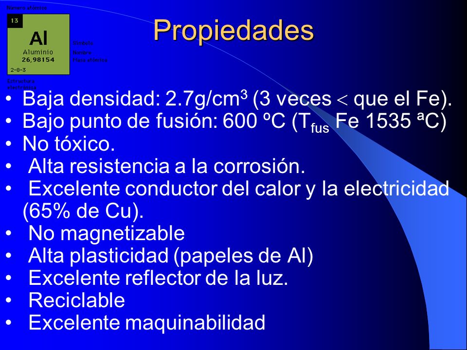 Propiedades Baja densidad: 2.7g/cm3 (3 veces  que el Fe).