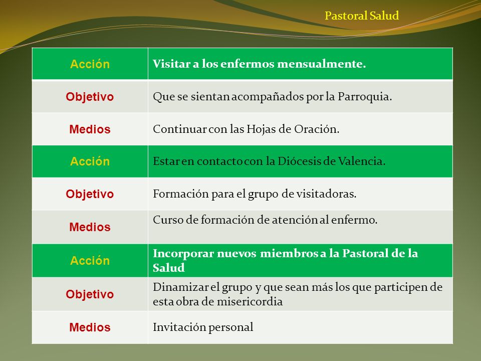 Pastoral Salud Acción. Visitar a los enfermos mensualmente. Objetivo. Que se sientan acompañados por la Parroquia.
