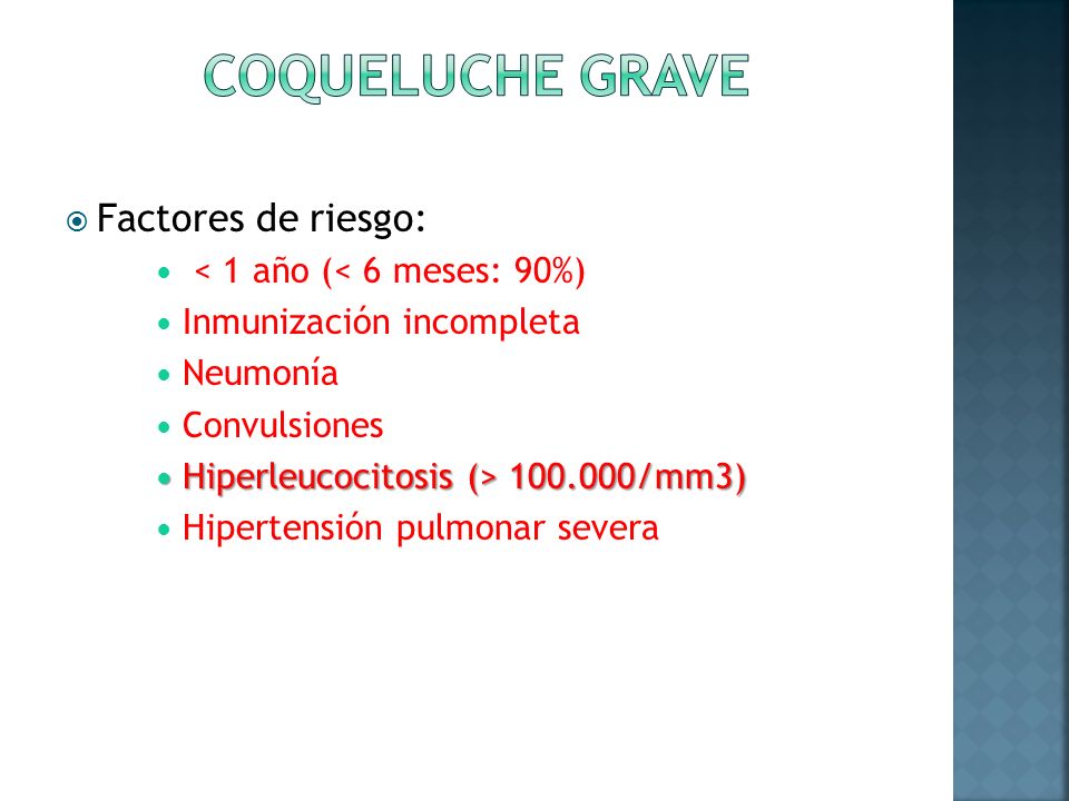 Coqueluche grave Factores de riesgo: < 1 año (< 6 meses: 90%)