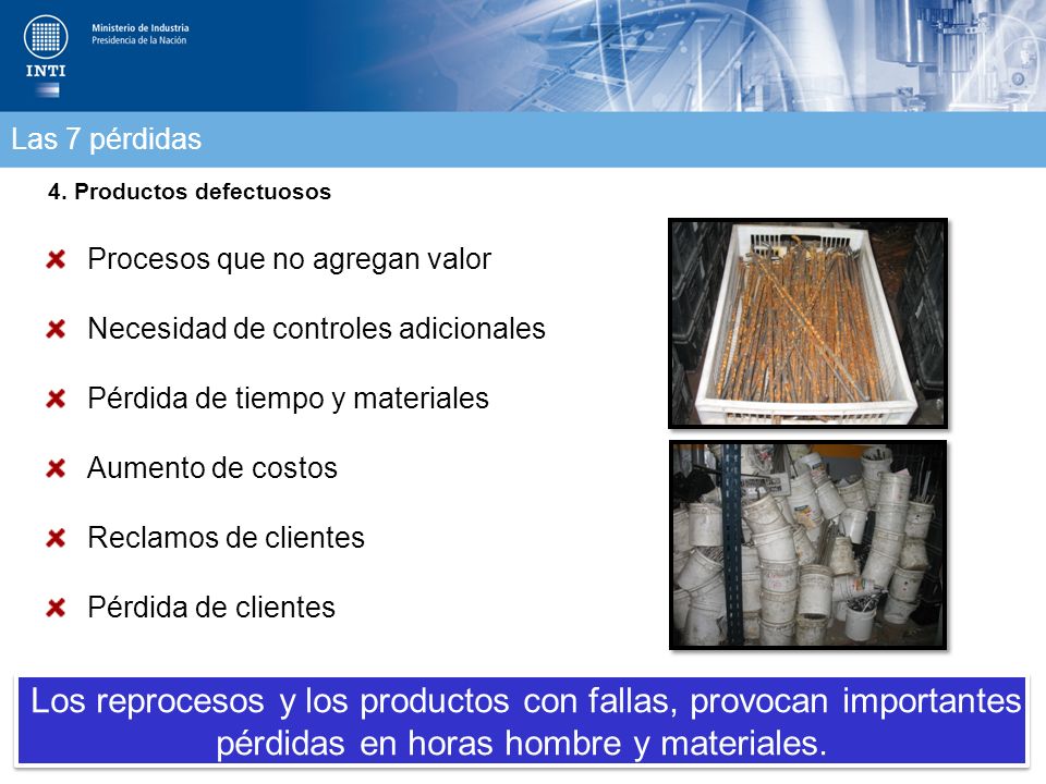 Las 7 pérdidas 4. Productos defectuosos. Procesos que no agregan valor. Necesidad de controles adicionales.