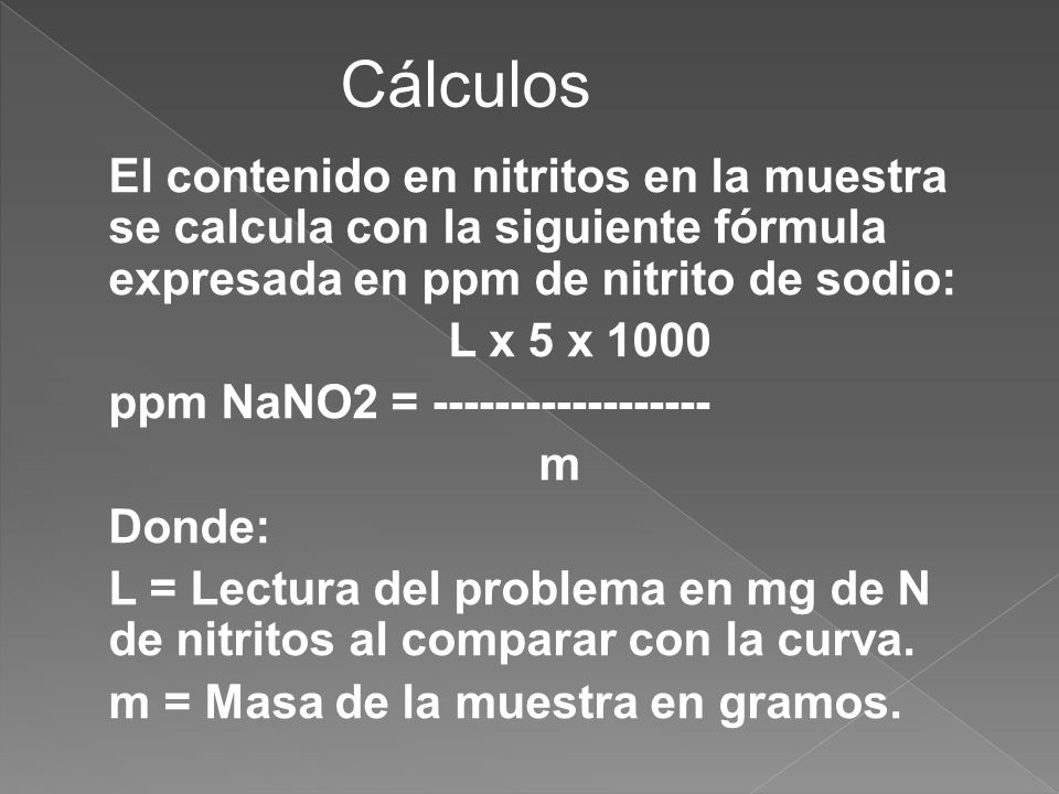 Cálculos L x 5 x 1000 ppm NaNO2 = m Donde: