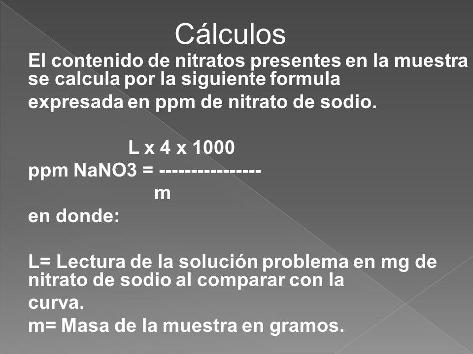 Cálculos expresada en ppm de nitrato de sodio. L x 4 x 1000