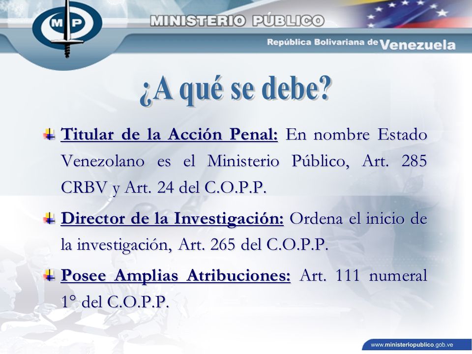 ¿A qué se debe Titular de la Acción Penal: En nombre Estado Venezolano es el Ministerio Público, Art. 285 CRBV y Art. 24 del C.O.P.P.