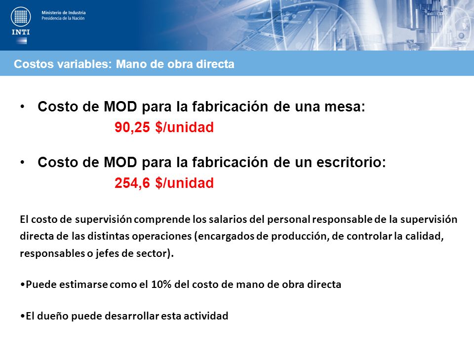 Costo de MOD para la fabricación de una mesa: 90,25 $/unidad