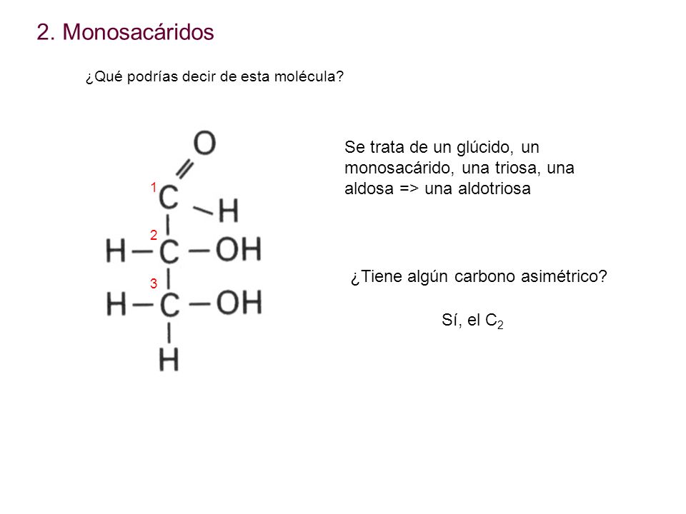Monosacáridos ¿Qué podrías decir de esta molécula Se trata de un glúcido, un monosacárido, una triosa, una aldosa => una aldotriosa.