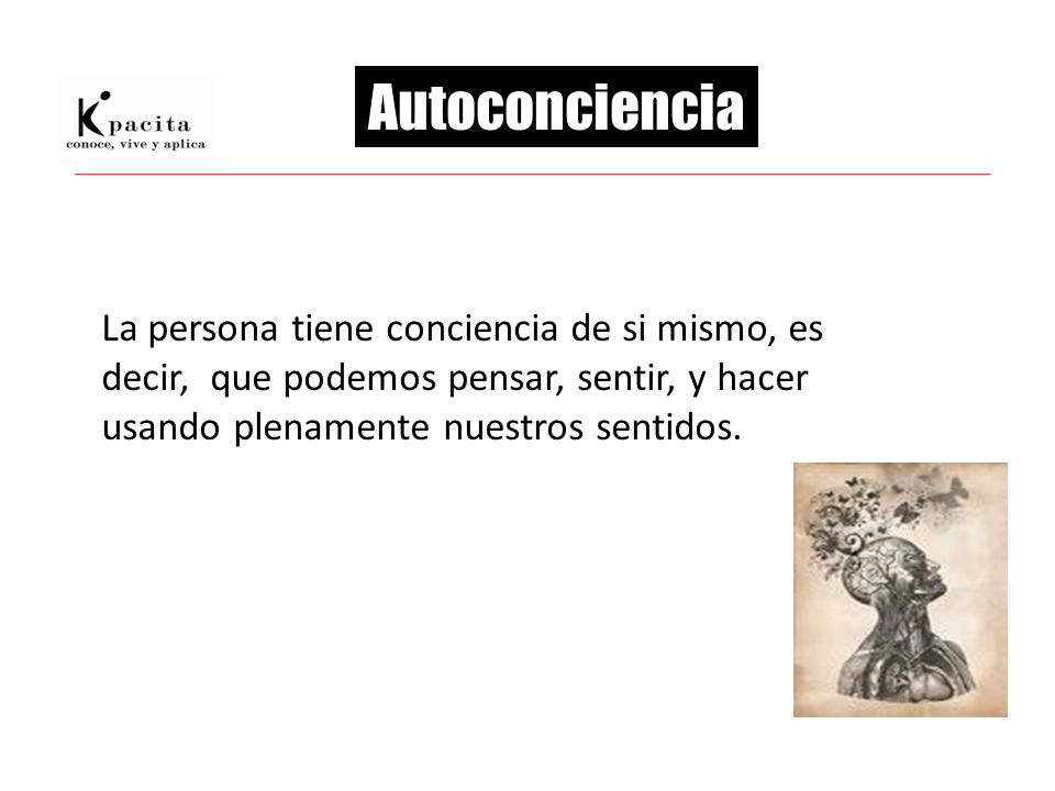 Autoconciencia La persona tiene conciencia de si mismo, es decir, que podemos pensar, sentir, y hacer usando plenamente nuestros sentidos.