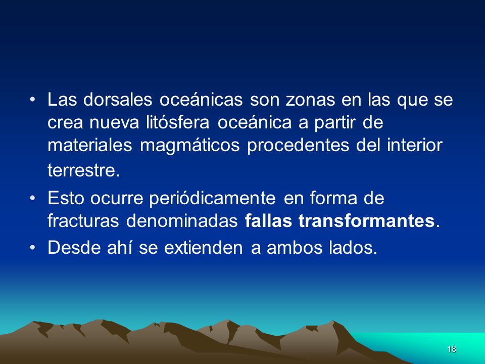 Las dorsales oceánicas son zonas en las que se crea nueva litósfera oceánica a partir de materiales magmáticos procedentes del interior terrestre.