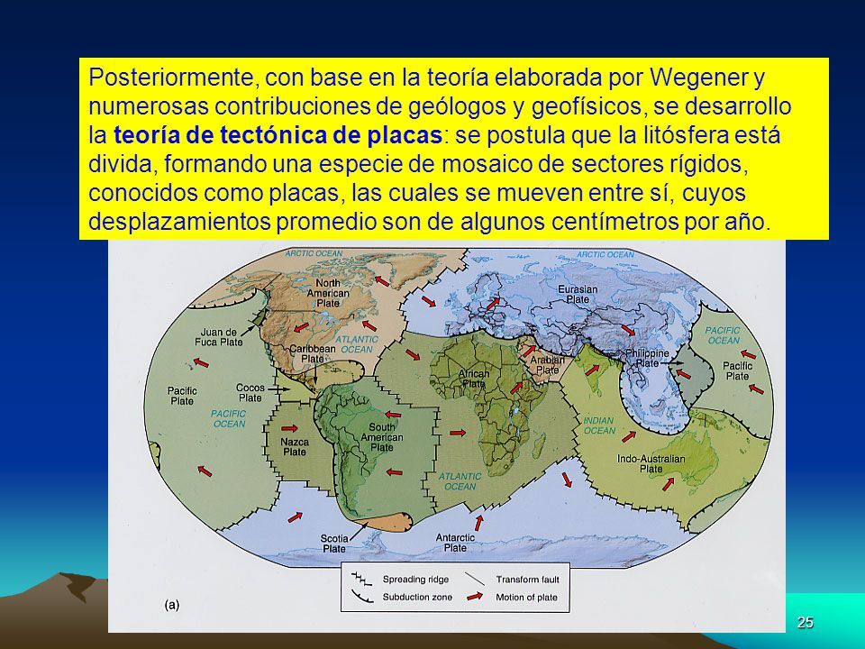 Posteriormente, con base en la teoría elaborada por Wegener y numerosas contribuciones de geólogos y geofísicos, se desarrollo la teoría de tectónica de placas: se postula que la litósfera está divida, formando una especie de mosaico de sectores rígidos, conocidos como placas, las cuales se mueven entre sí, cuyos desplazamientos promedio son de algunos centímetros por año.