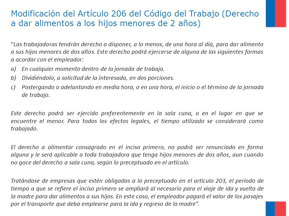 Modificación del Artículo 206 del Código del Trabajo (Derecho a dar alimentos a los hijos menores de 2 años)