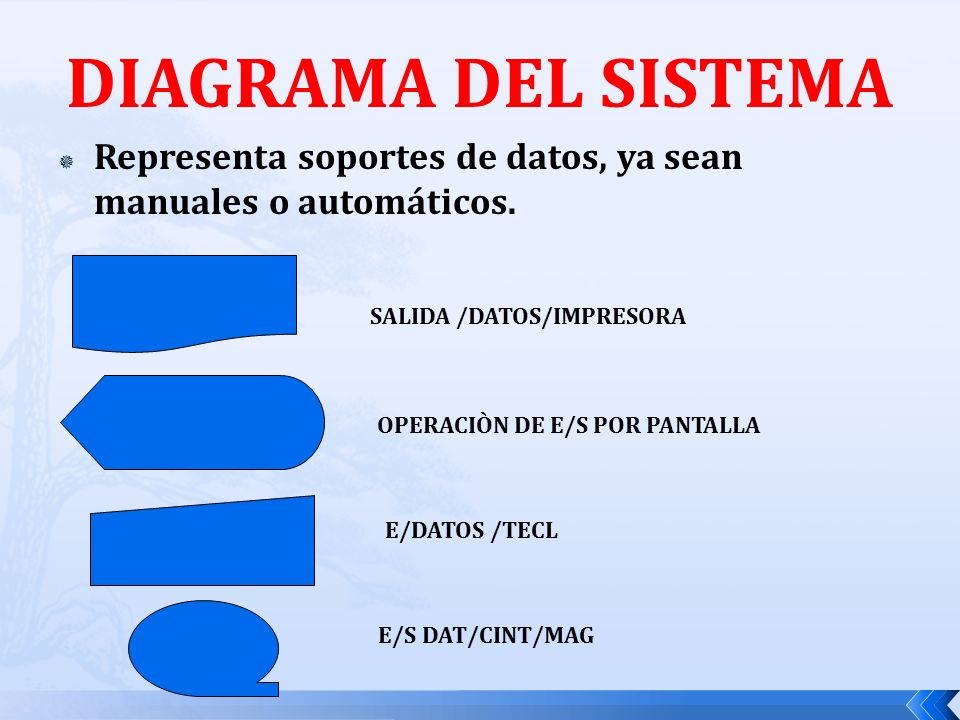 DIAGRAMA DEL SISTEMA Representa soportes de datos, ya sean manuales o automáticos. SALIDA /DATOS/IMPRESORA.