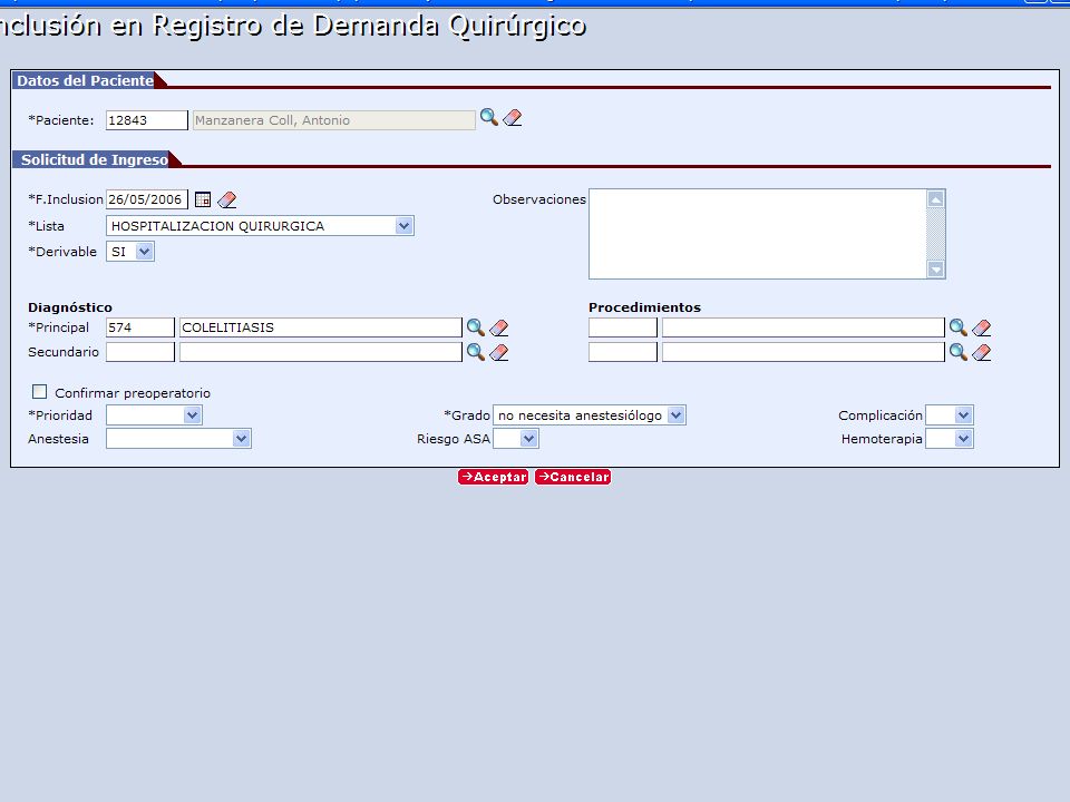 El médico puede ordenar la inclusión del paciente en lista de espera, utilizando un formulario (diseñable y adaptable a las necesidades del hospital), que de forma transparente registra al paciente en la lista de espera (se elimina la tarea administrativa), calcula si el paciente requiere pruebas de preoperatorio (y qué pruebas), etc…