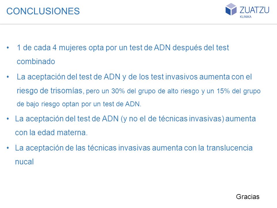 CONCLUSIONES 1 de cada 4 mujeres opta por un test de ADN después del test combinado.
