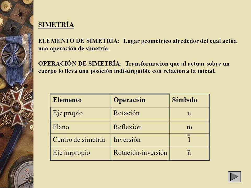 - - SIMETRÍA Elemento Operación Símbolo Eje propio Rotación n Plano