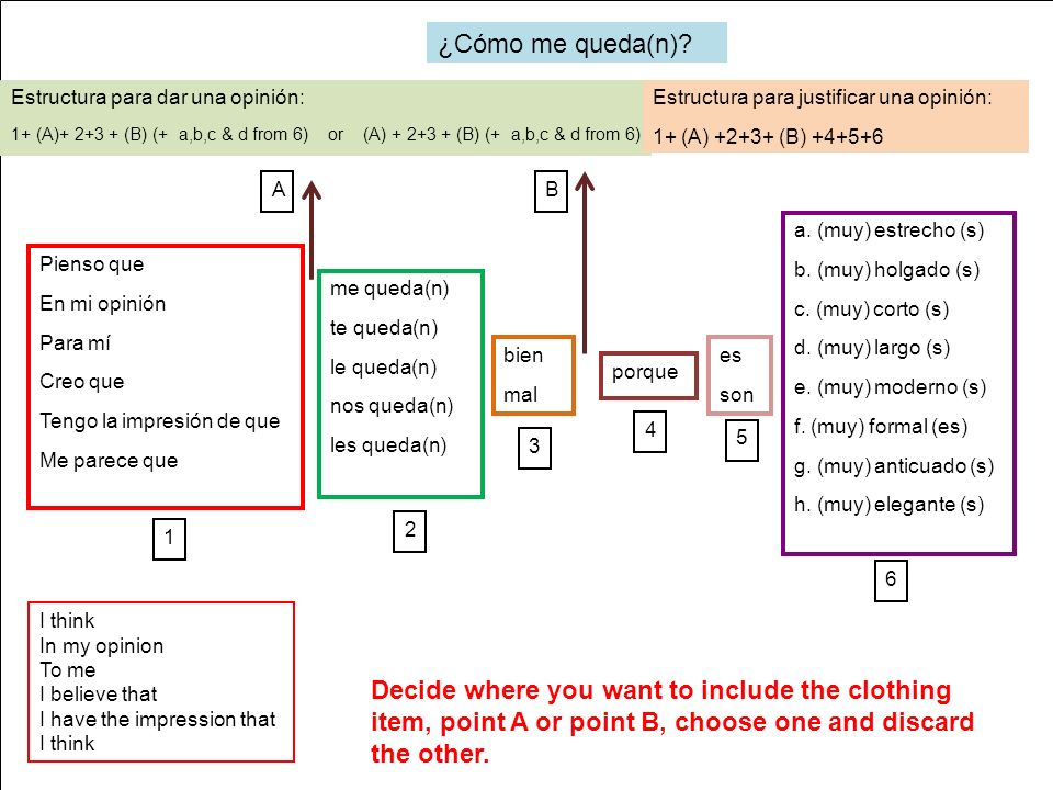 ¿Cómo me queda(n) Estructura para dar una opinión: 1+ (A) (B) (+ a,b,c & d from 6) or (A) (B) (+ a,b,c & d from 6)
