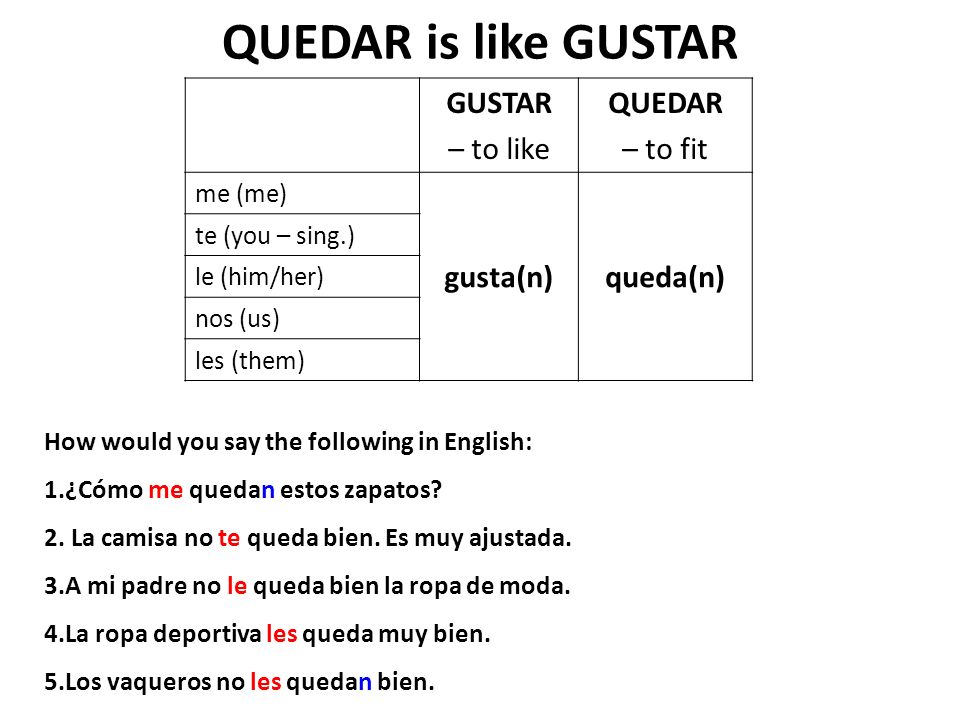 QUEDAR is like GUSTAR GUSTAR – to like QUEDAR – to fit gusta(n)