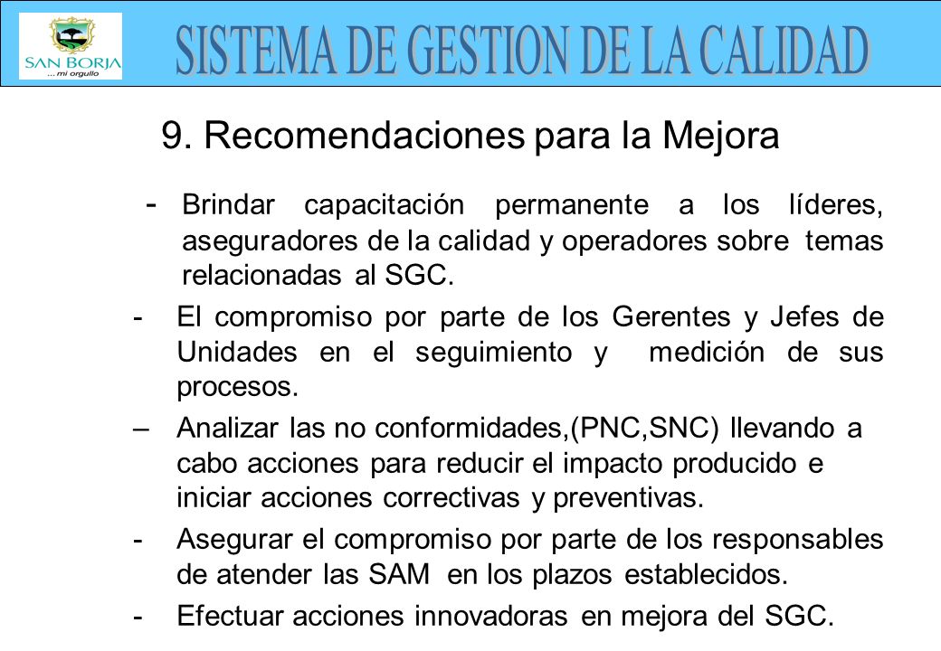 9. Recomendaciones para la Mejora