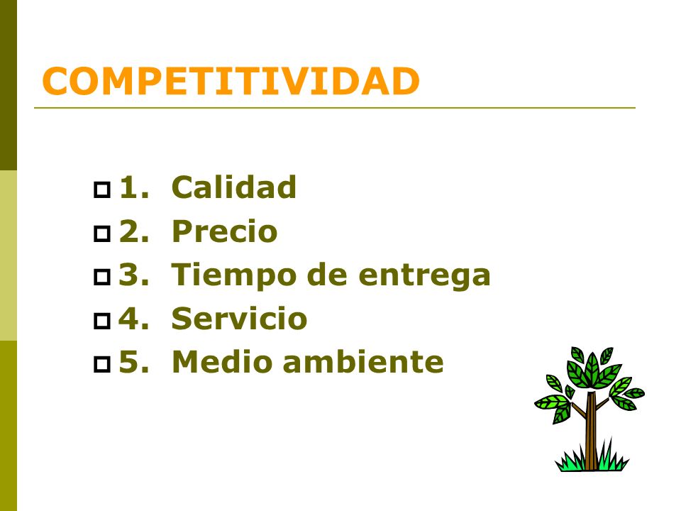 COMPETITIVIDAD 1. Calidad 2. Precio 3. Tiempo de entrega 4. Servicio