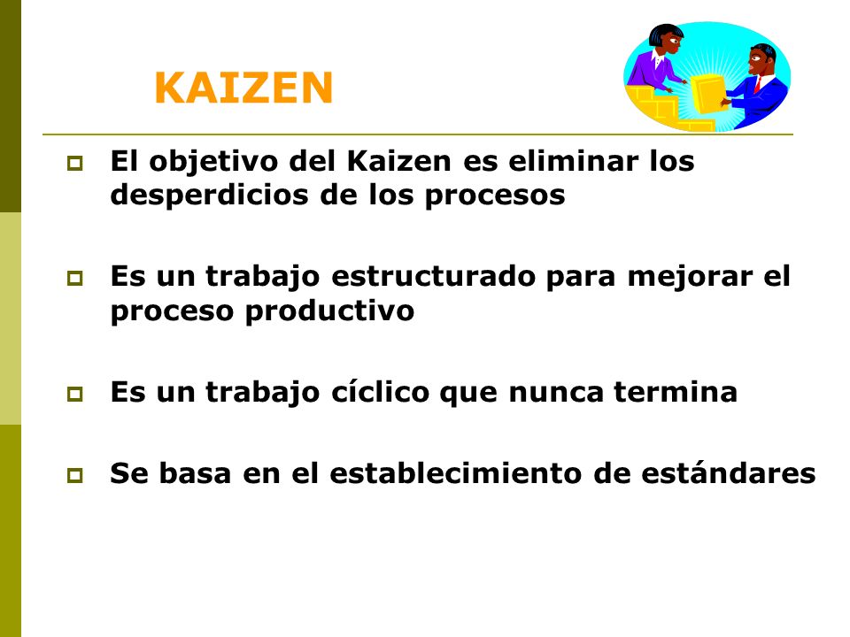 KAIZEN El objetivo del Kaizen es eliminar los desperdicios de los procesos. Es un trabajo estructurado para mejorar el proceso productivo.