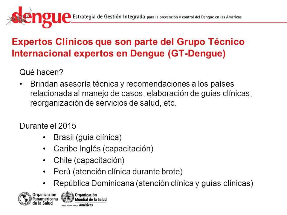 Expertos Clínicos que son parte del Grupo Técnico Internacional expertos en Dengue (GT-Dengue)