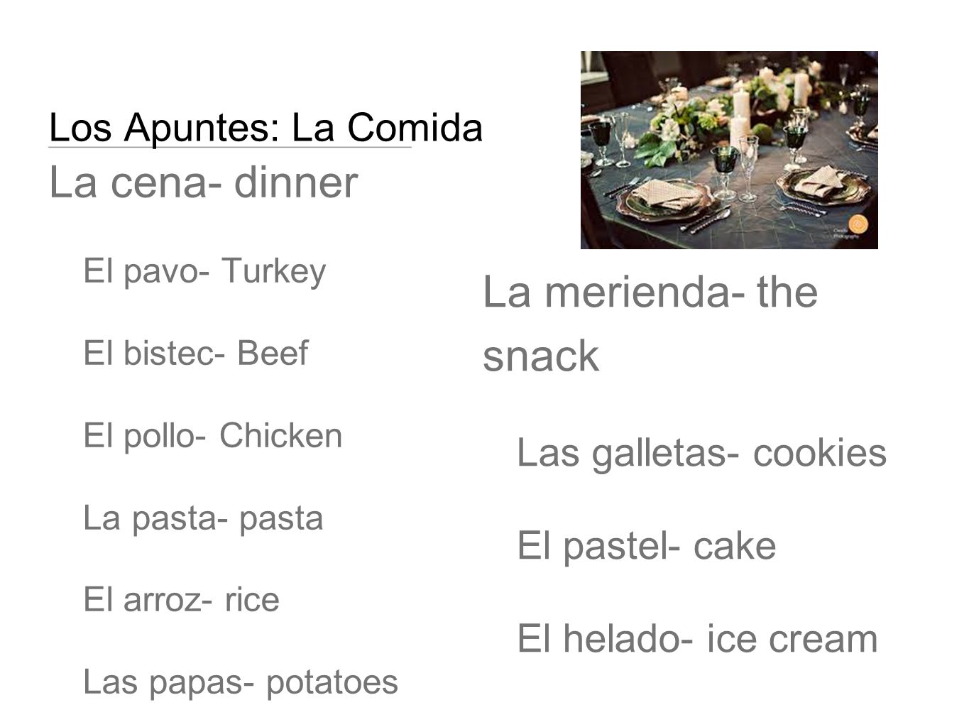 La cena- dinner La merienda- the snack Los Apuntes: La Comida