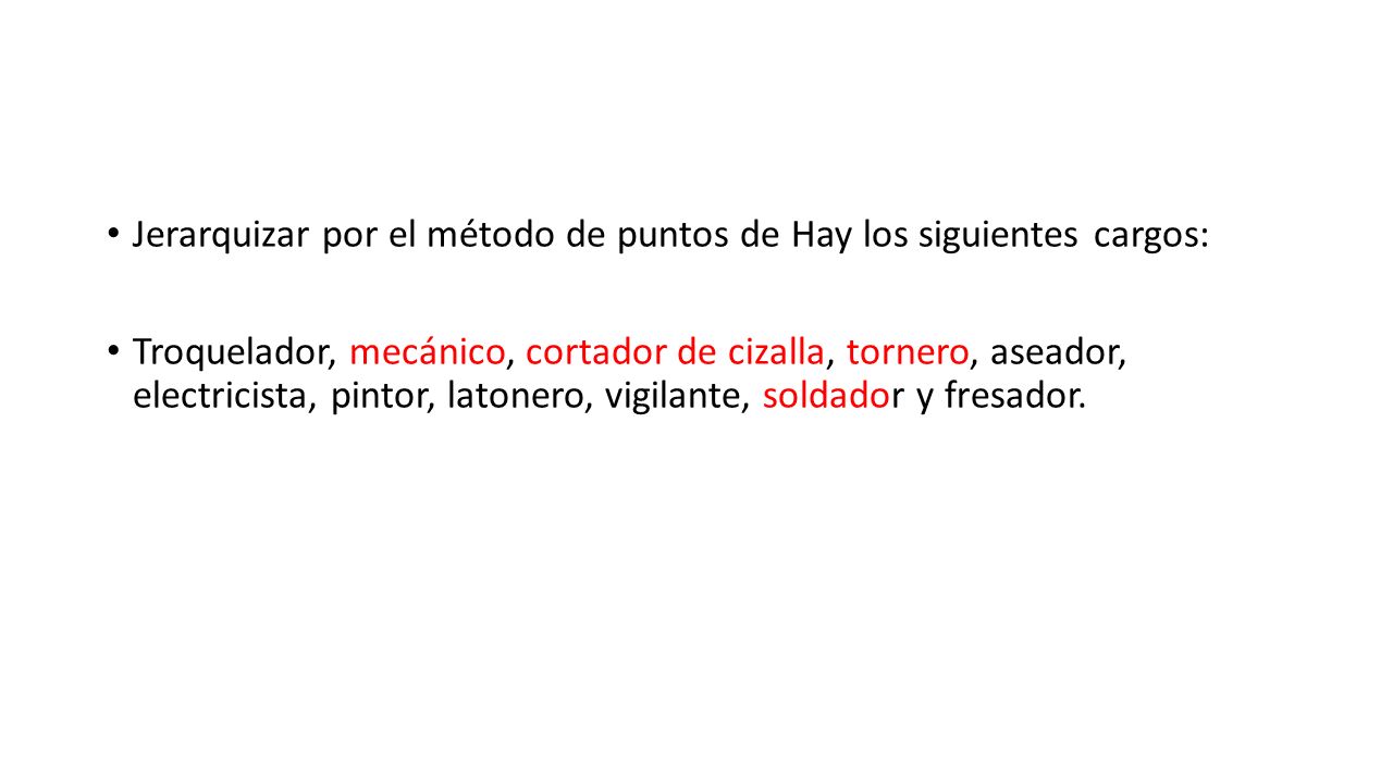 Jerarquizar por el método de puntos de Hay los siguientes cargos: