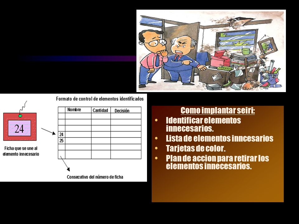 Como implantar seiri: Identificar elementos innecesarios. Lista de elementos inncesarios. Tarjetas de color.