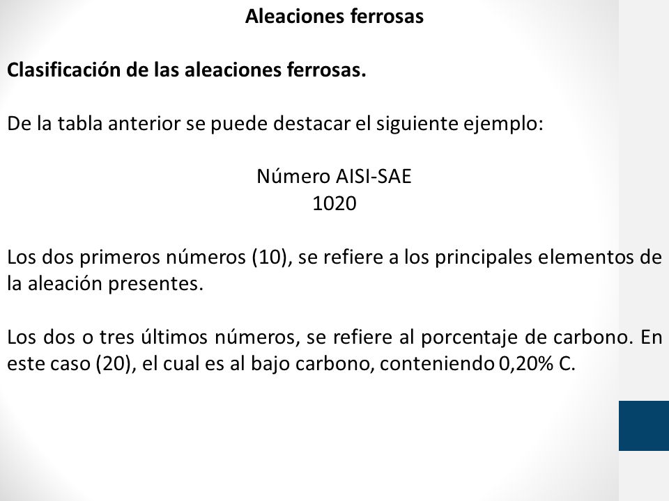 Aleaciones ferrosas Clasificación de las aleaciones ferrosas. De la tabla anterior se puede destacar el siguiente ejemplo: