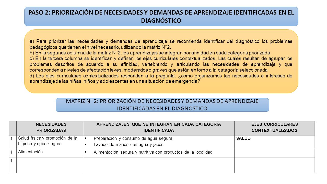 PASO 2: PRIORIZACIÓN DE NECESIDADES Y DEMANDAS DE APRENDIZAJE IDENTIFICADAS EN EL DIAGNÓSTICO