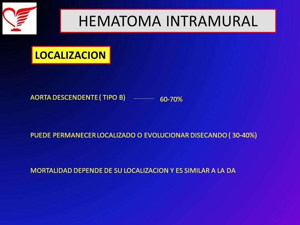 HEMATOMA INTRAMURAL LOCALIZACION AORTA DESCENDENTE ( TIPO B) 60-70%