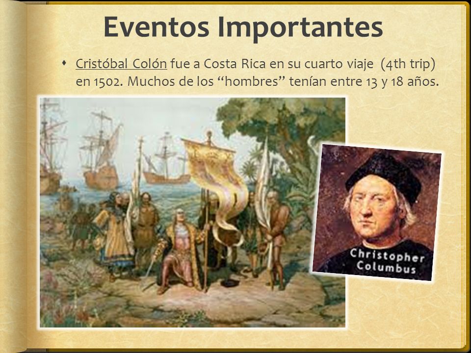 Eventos Importantes Cristóbal Colón fue a Costa Rica en su cuarto viaje (4th trip) en 1502.