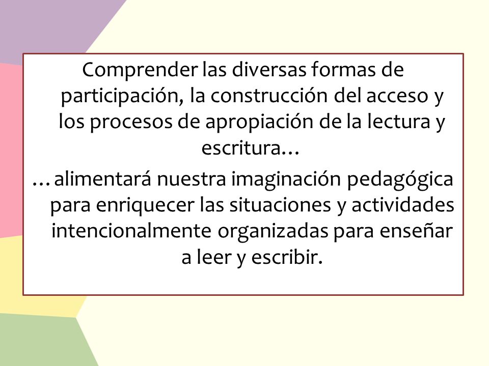 Comprender las diversas formas de participación, la construcción del acceso y los procesos de apropiación de la lectura y escritura… …alimentará nuestra imaginación pedagógica para enriquecer las situaciones y actividades intencionalmente organizadas para enseñar a leer y escribir.