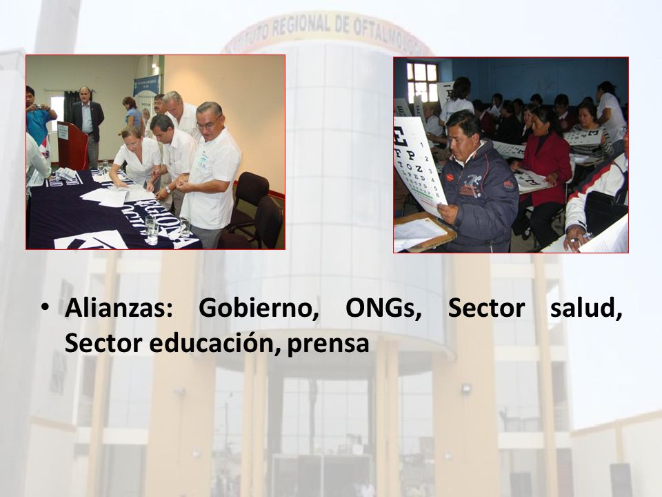 Alianzas: Gobierno, ONGs, Sector salud, Sector educación, prensa
