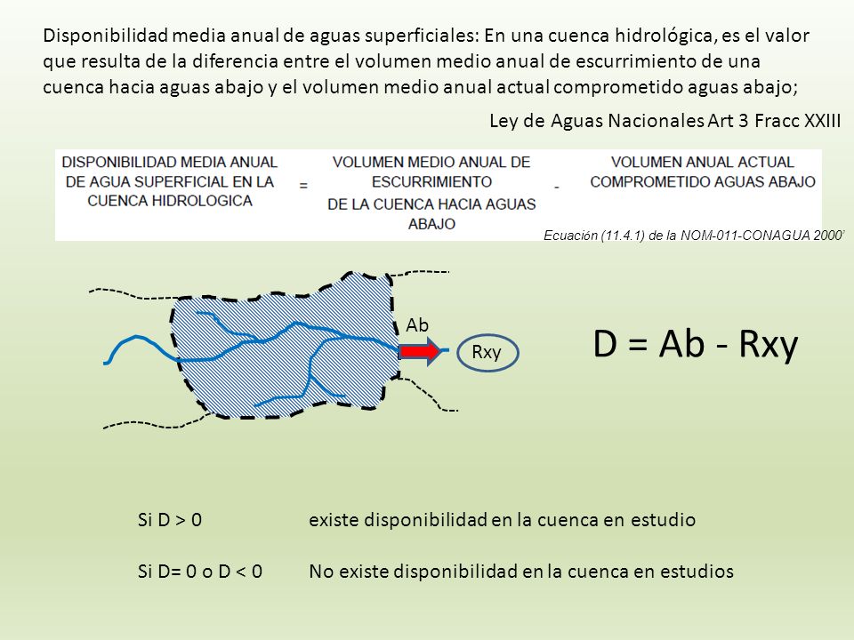 Disponibilidad media anual de aguas superficiales: En una cuenca hidrológica, es el valor que resulta de la diferencia entre el volumen medio anual de escurrimiento de una cuenca hacia aguas abajo y el volumen medio anual actual comprometido aguas abajo;