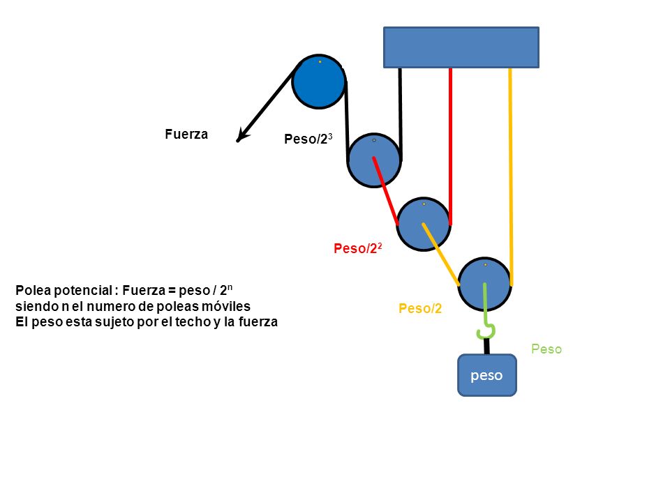 peso Fuerza Peso/23 Peso/22 Polea potencial : Fuerza = peso / 2n