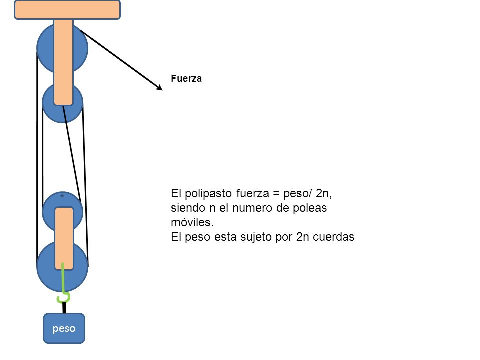 El polipasto fuerza = peso/ 2n, siendo n el numero de poleas móviles.